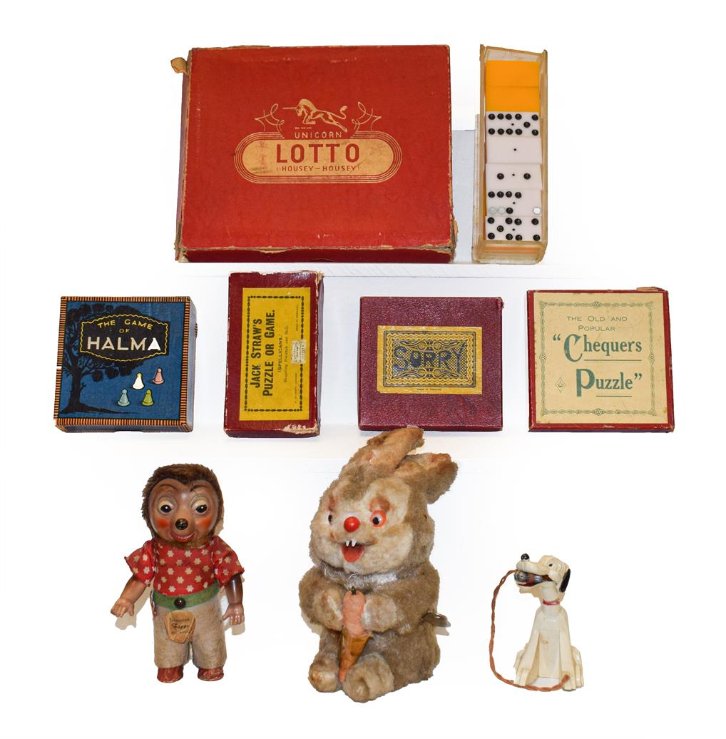 Lot 41 - A tray of mid 20th century toys and games including clockwork rabbit, clockwork German toy,...
