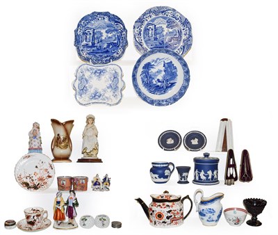 Lot 55 - Two trays of 18th century and later English pottery and porcelain including New Hall, Wedgwood...