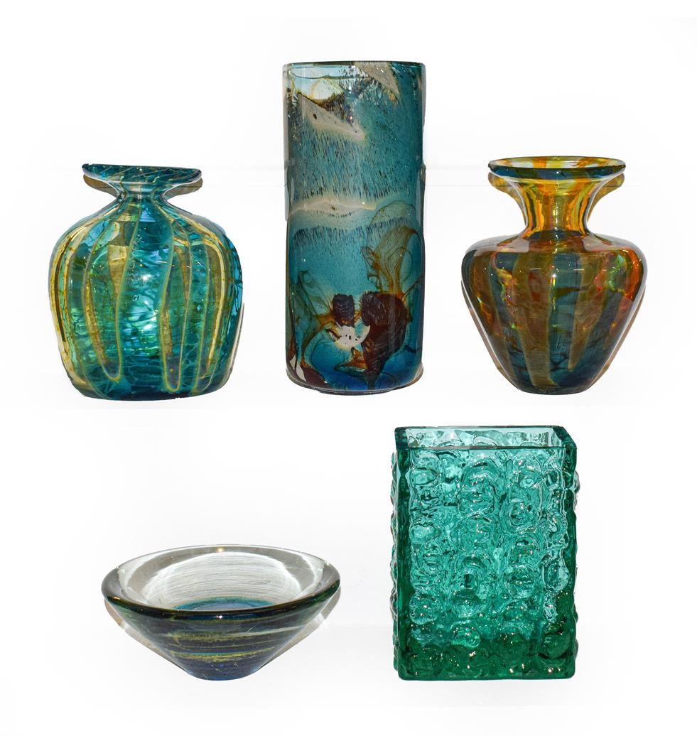 Lot 58 - A group of 20th century art glass including a cylindrical vase signed Mdina, three other pieces...