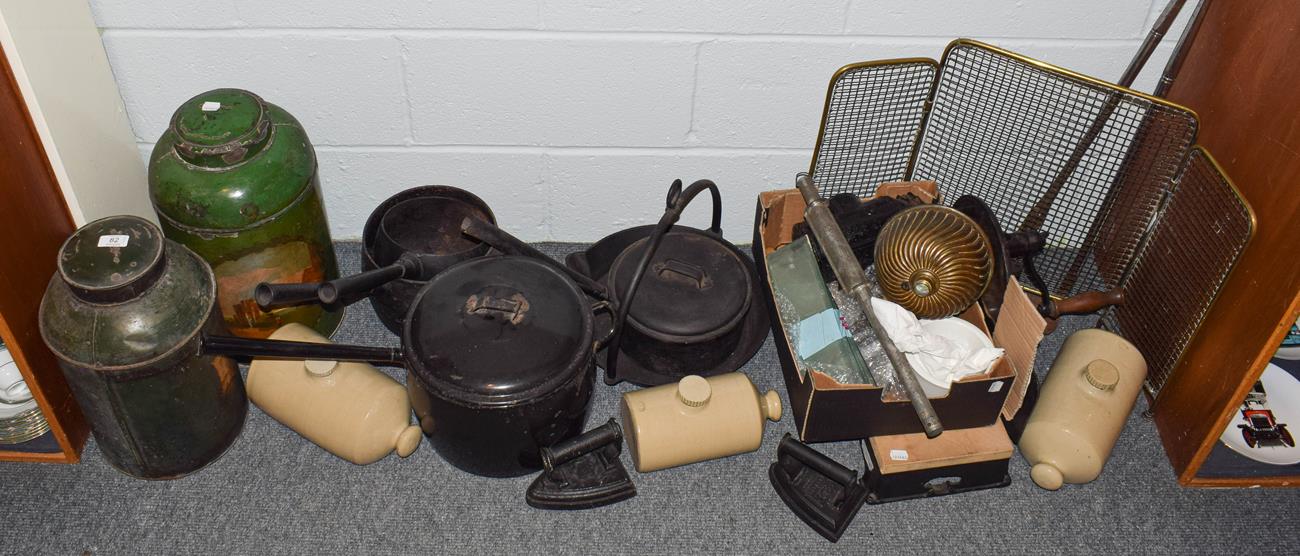 Lot 82 - Two 19th century tea tins, kitchenalia, including pans, stoneware, brass fire guard, fire...