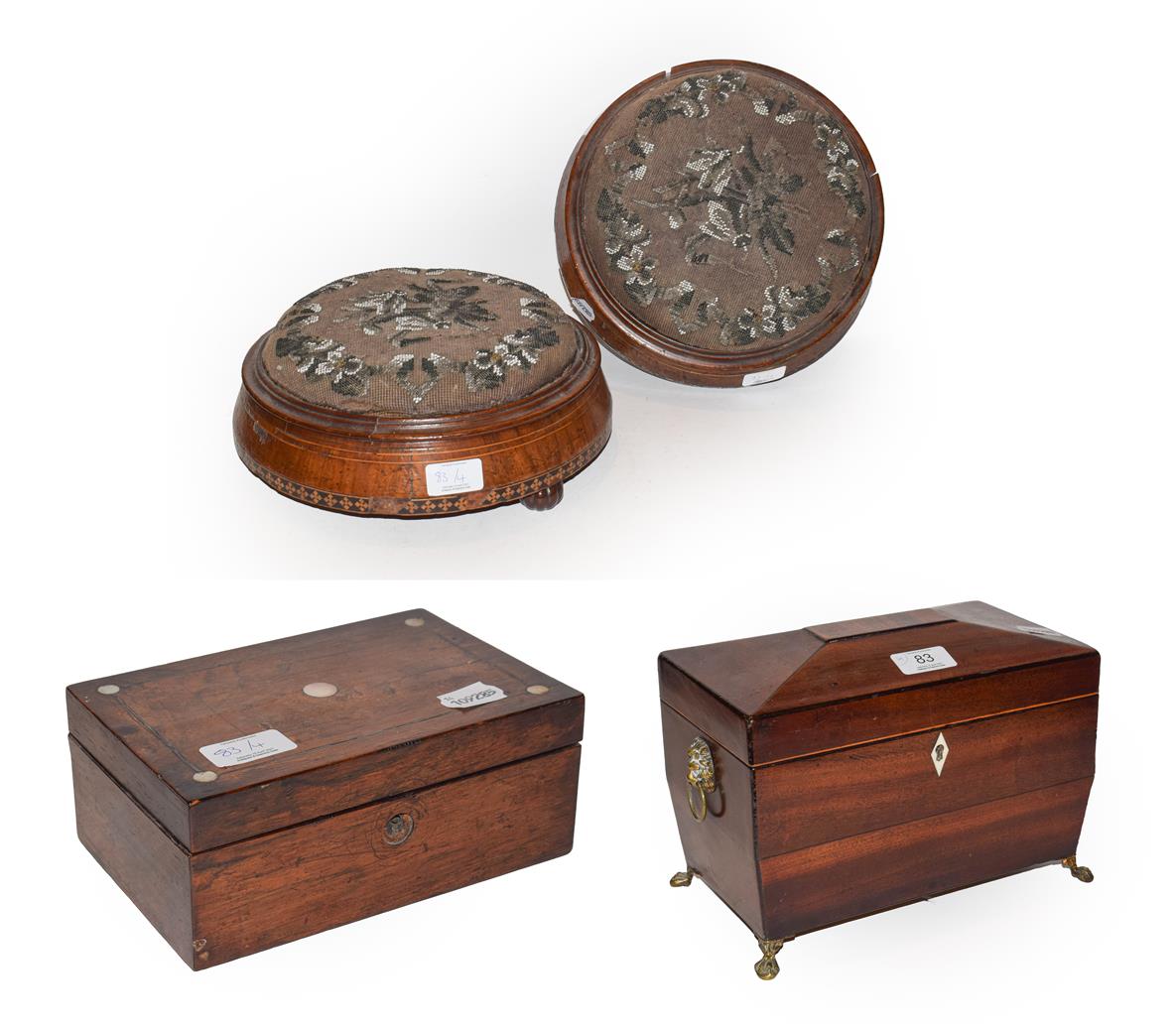 Lot 83 - A Regency mahogany sarcophagus for tea caddy, mother of pearl inlaid rosewood box (a.f.),...