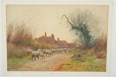 Lot 740 - Henry Charles Fox RBA (1860-1925) Landscape with sheep on a lane Signed and dated 1906, pencil...