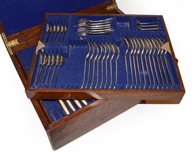 Lot 92 - An oak and brass inlaid canteen of Walker & Hall silver plated cutlery (near complete)