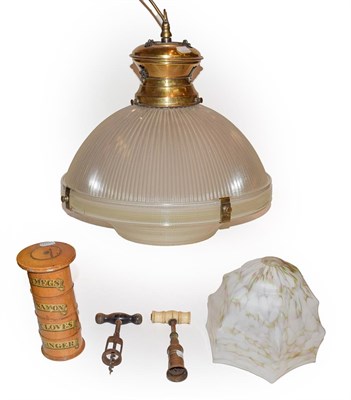 Lot 100 - A Treen spice tower, two Victorian wine corkscrews, a lamp shade and light fitting (4)
