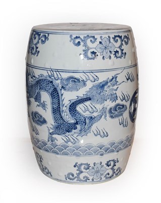 Lot 105 - A decorative modern Chinese blue and white porcelain barrel form garden seat, 47cm high