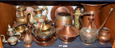 Lot 108 - A group of 19th century and later Eastern brass and copper items including coffee pots, trays,...