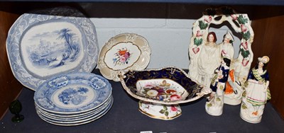 Lot 109 - A pair of Staffordshire figures another Staffordshire figure, a Windsor Castle decorated meat dish