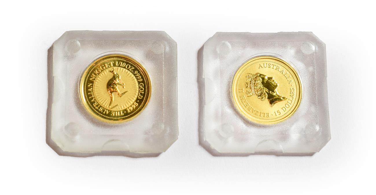 Lot 124 - Australia, 2 x 15 Dollars, 1/10 oz .999 Gold Coins featuring the 1995 and 1998 kangaroo types....