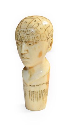 Lot 125 - A 19th century carved ivory cane topper in the form of a phrenology bust, inscribed Levesley, 7.5cm