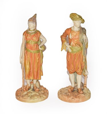 Lot 158 - A pair of Royal Worcester figures of a Turkish man and woman circa 1900 both bearing puce...