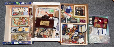 Lot 162 - Five boxes of various costume jewellery to include gilt metal faux pearl and other necklaces,...