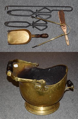 Lot 173 - Brass coal bucket and a quantity of fireside tools (7)