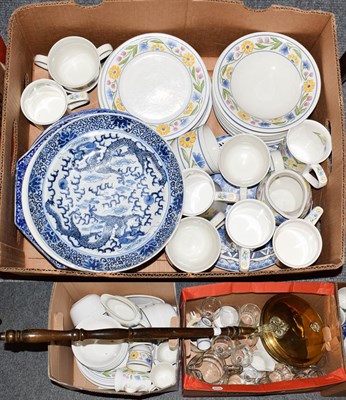 Lot 182 - Three boxes of assorted household china, to include a blue and white Chinese dish painted with...