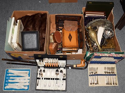 Lot 185 - Three boxes including metal ware etc, silver plate, boxed camera, fur coat, inlaid games box,...