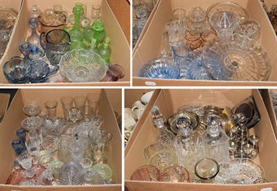 Lot 189 - Four boxes of glass including Art Deco style dressing table glass, a pair of decanters, various...
