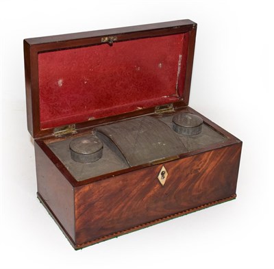 Lot 198 - A George III mahogany and string inlaid tea caddy enclosing three Pewter Liddon canisters 24cm...