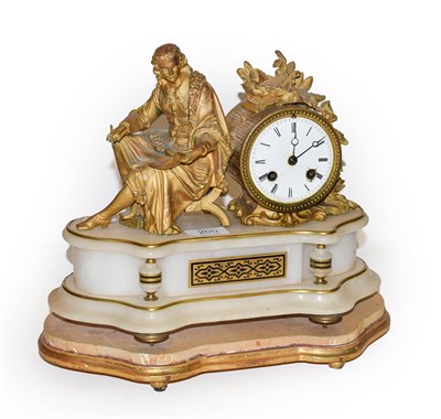 Lot 200 - A French 19th century mantle clock with onyx base and gilt figures striking on a bell with pendulum