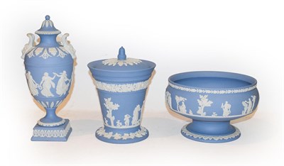 Lot 215 - A Wedgwood blue Jasperware twin handled covered urn in the classical taste 28cm, together with...