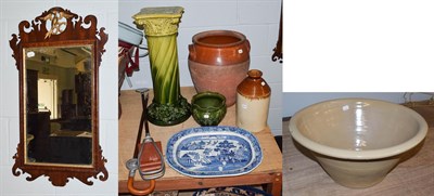 Lot 221 - Stoneware, including a dough bowl, two storage jars (one lacking cover) a pottery jardiniere...