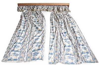 Lot 242 - A good quality pair of double lined curtains, the blue design of bird cages and huntsman on a cream