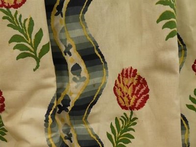Lot 247 - A group of five curtains with matching green floral decoration on cream ground, one pair 210cm drop