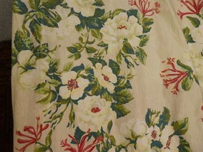 Lot 248 - A pair of curtains 300cm drop, decorated honeysuckle and roses on a white ground together with...