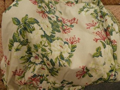 Lot 248 - A pair of curtains 300cm drop, decorated honeysuckle and roses on a white ground together with...