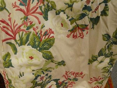 Lot 248 - A pair of curtains 300cm drop, decorated honeysuckle and roses on a white ground together with...