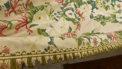 Lot 248 - A pair of curtains 300cm drop, decorated honeysuckle and roses on a white ground together with...