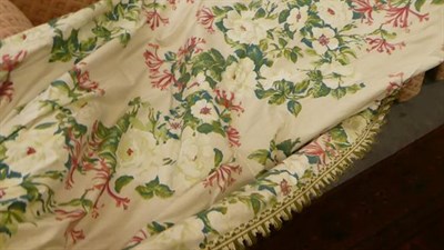 Lot 248 - A pair of curtains 300cm drop, decorated honeysuckle and roses on a white ground together with...