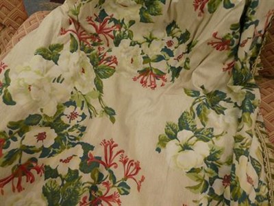 Lot 248 - A pair of curtains 300cm drop, decorated honeysuckle and roses on a white ground together with...