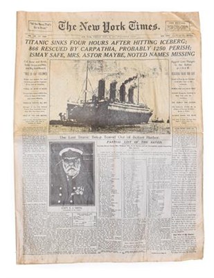 Lot 256 - New York Times, Tuesday April 16th 1912, headline 'Titanic Sinks Four Hours After Hitting...