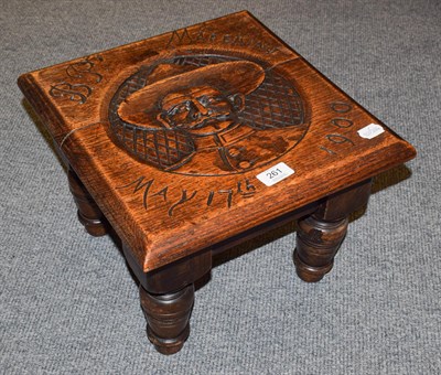 Lot 261 - Boer war interest; a carved oak stool commemorating the end of the seige of Mafeking (Mahikeng) May
