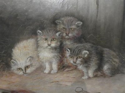 Lot 1002 - J. Langlois (1885-1904) pair of interiors with puppies and kittens, oils on canvas signed, 51cm...