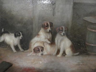 Lot 1002 - J. Langlois (1885-1904) pair of interiors with puppies and kittens, oils on canvas signed, 51cm...