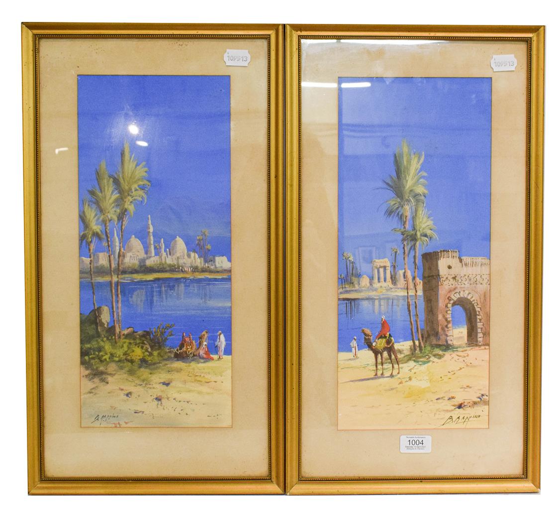 Lot 1004 - B Rappino (early 20th century) pair of Orientalist views, signed mixed media, 43cm by 18.5cm (2)