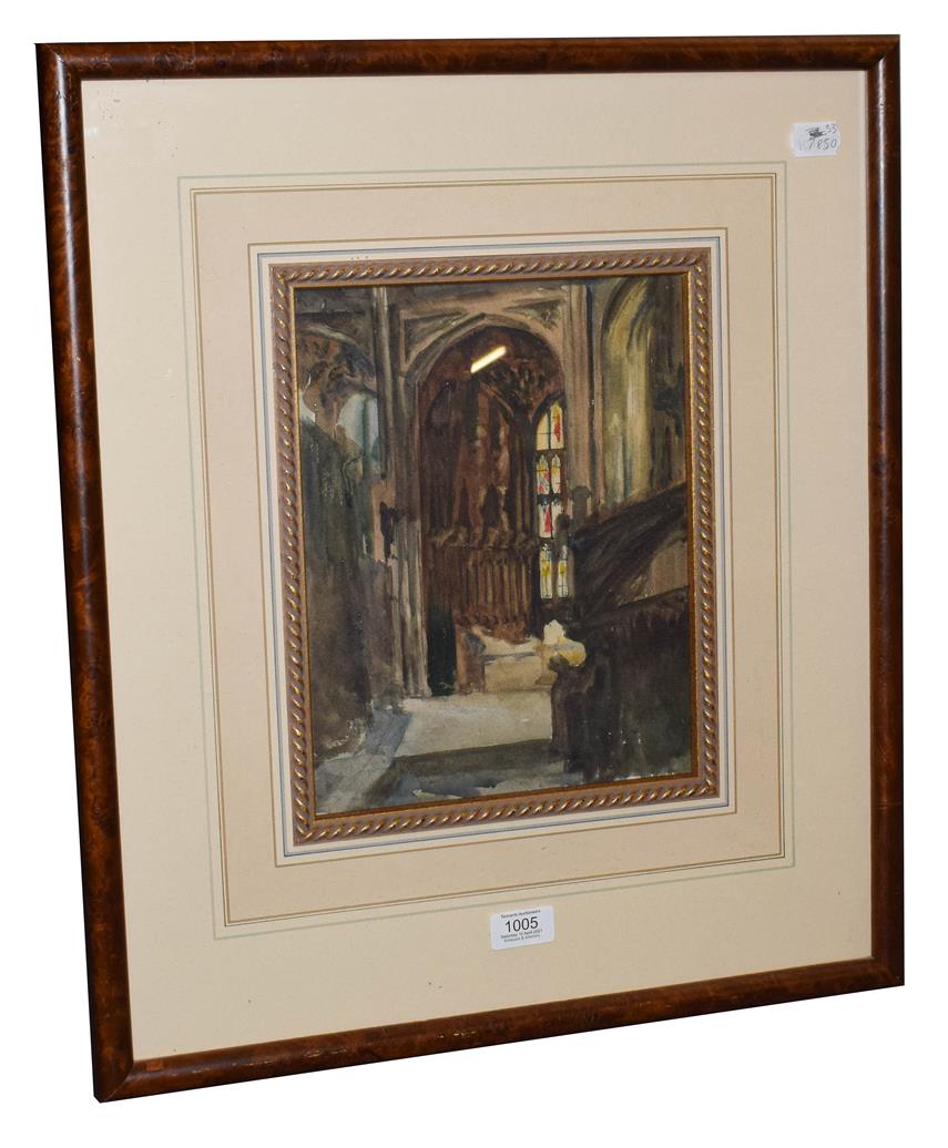 Lot 1005 - Alexander Jamieson (1873-1937) Scottish, Cathedral interior, watercolour, 29cm by 22.5cm