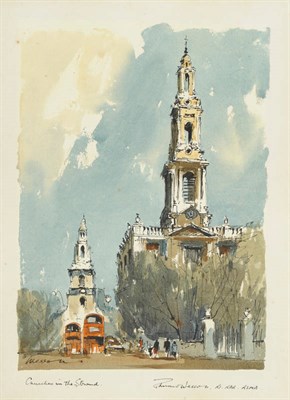 Lot 758 - Edward Wesson RI, RBA, RSMA (1910-1983)  "Churches in the Strand" Signed, inscribed and signed...