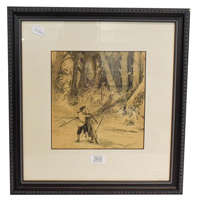 Lot 1012 - Alexander Jamieson (1873-1937) Scottish, figures in a woodland, signed, pen and ink, 24cm by 22.5cm