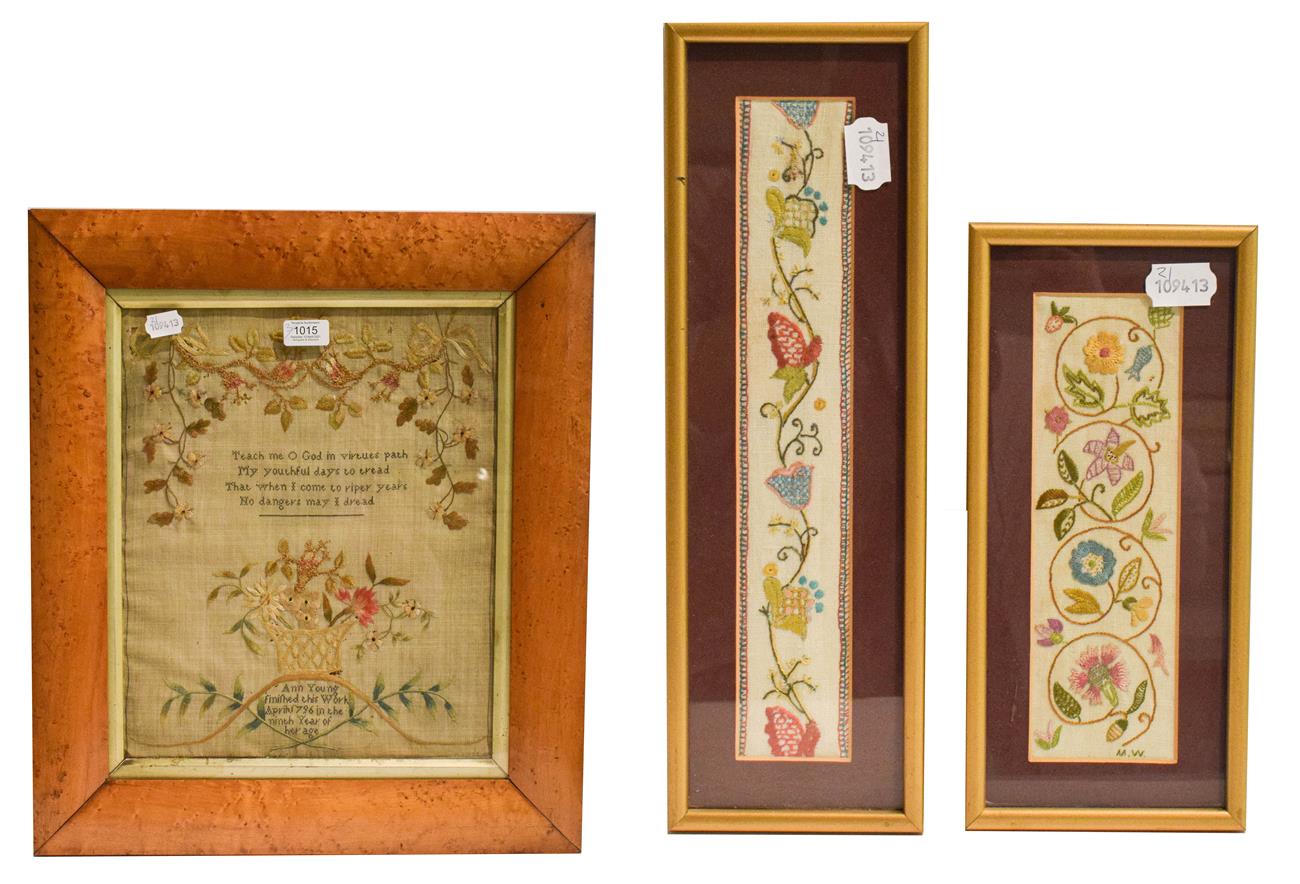 Lot 1015 - A Georgian sampler worked by Ann Young April 1796, in maple frame, 38cm by 31cm, together with...