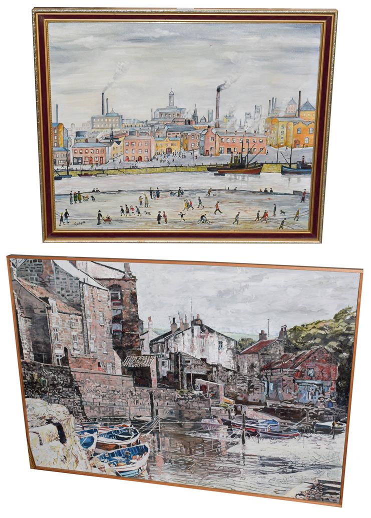 Lot 1023 - A large 20th century oil on board of a fishing harbour, 83.5cm by 122cm, together with a Lowry type