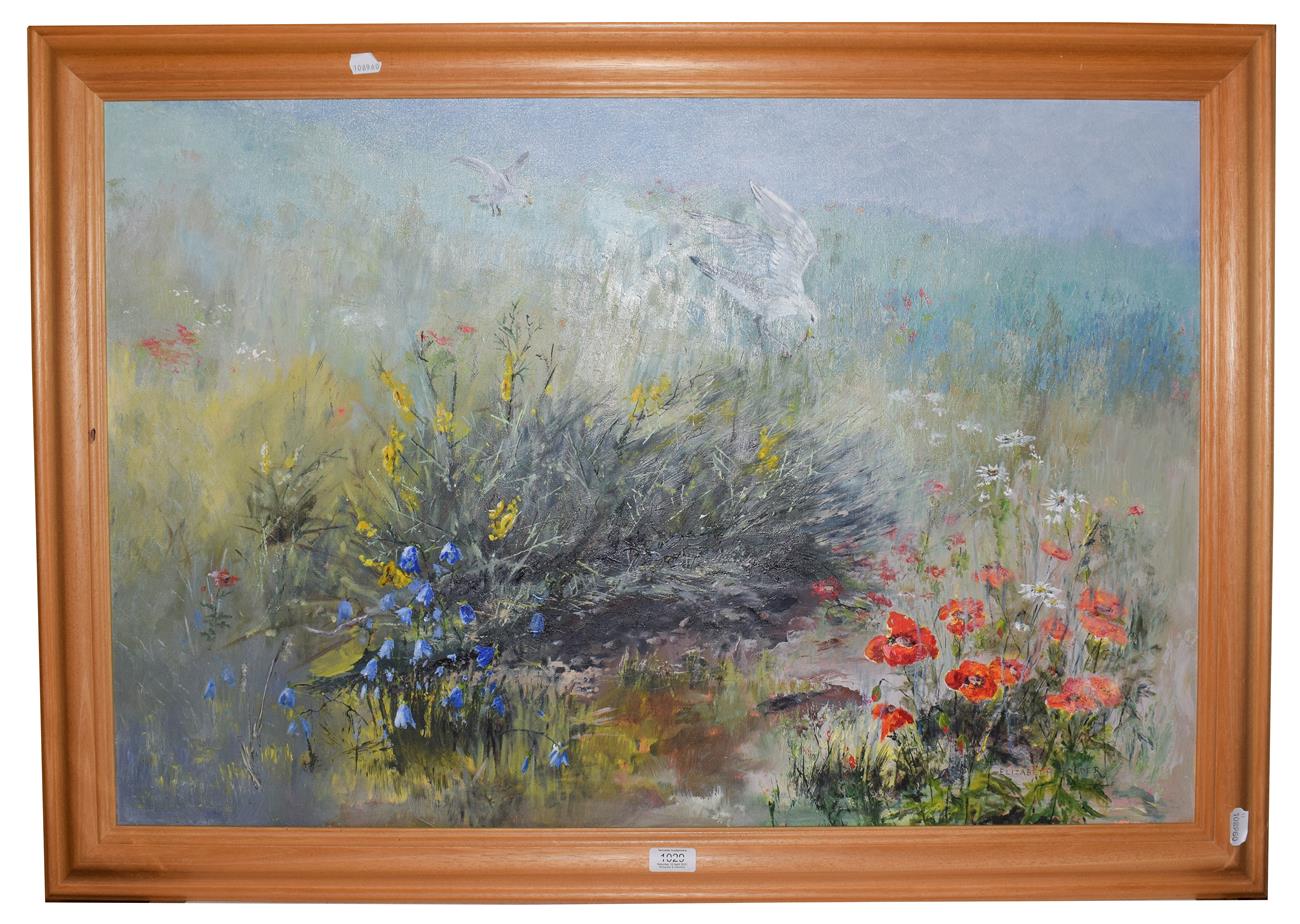 Lot 1029 - Elizabeth Alder, oil on canvas, birds amongst poppy fields, 60cm by 90cm