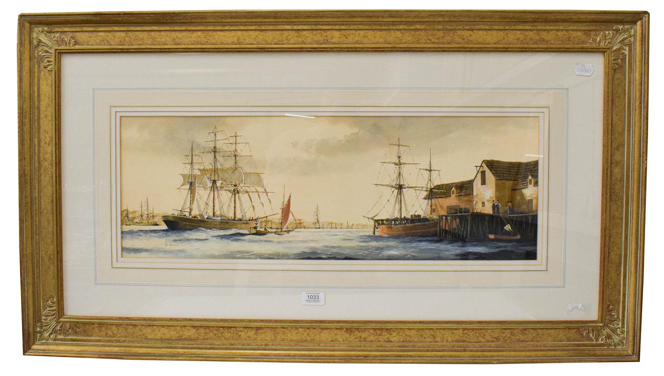 Lot 1033 - Ken Hammond (b.1948) Shipping scene in an English port, signed, gouache, 23.5cm by 69cm