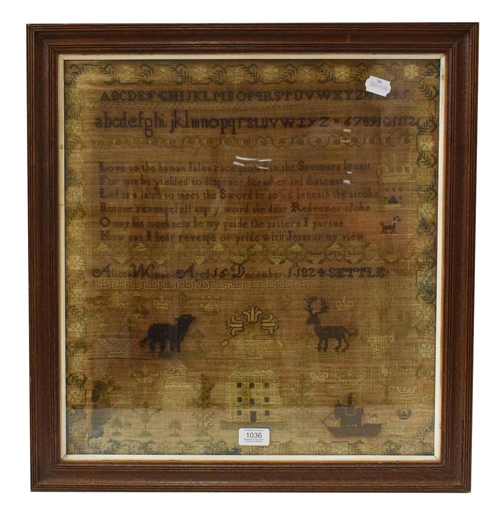 Lot 1036 - A framed Georgian sampler, Alice Wilman aged 15, December 1824, Settle, 49cm by 46cm