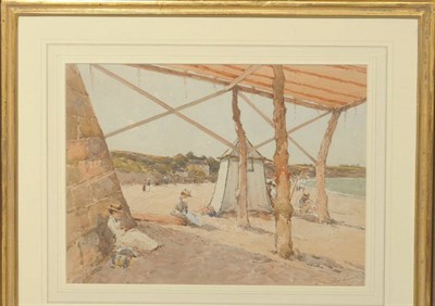 Lot 761 - Paul Emile Lecomte (1877-1950) French  Beach scene with figures beside a bathing tent Signed,...