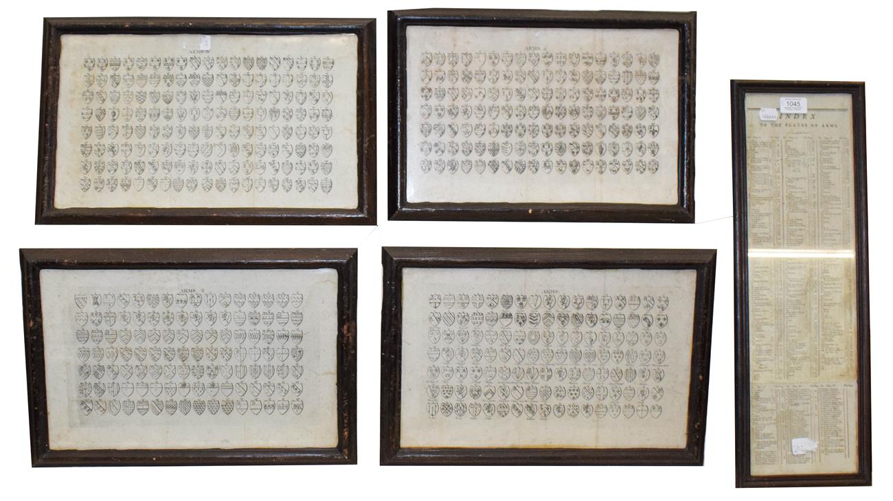 Lot 1045 - Four early 19th century plates depicting coats of arms together with an index, all framed (5)