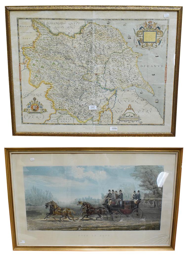 Lot 1047 - Coloured map 'Saxton's map of Yorkshire', together with a coloured engraving 'Four in Hand'...