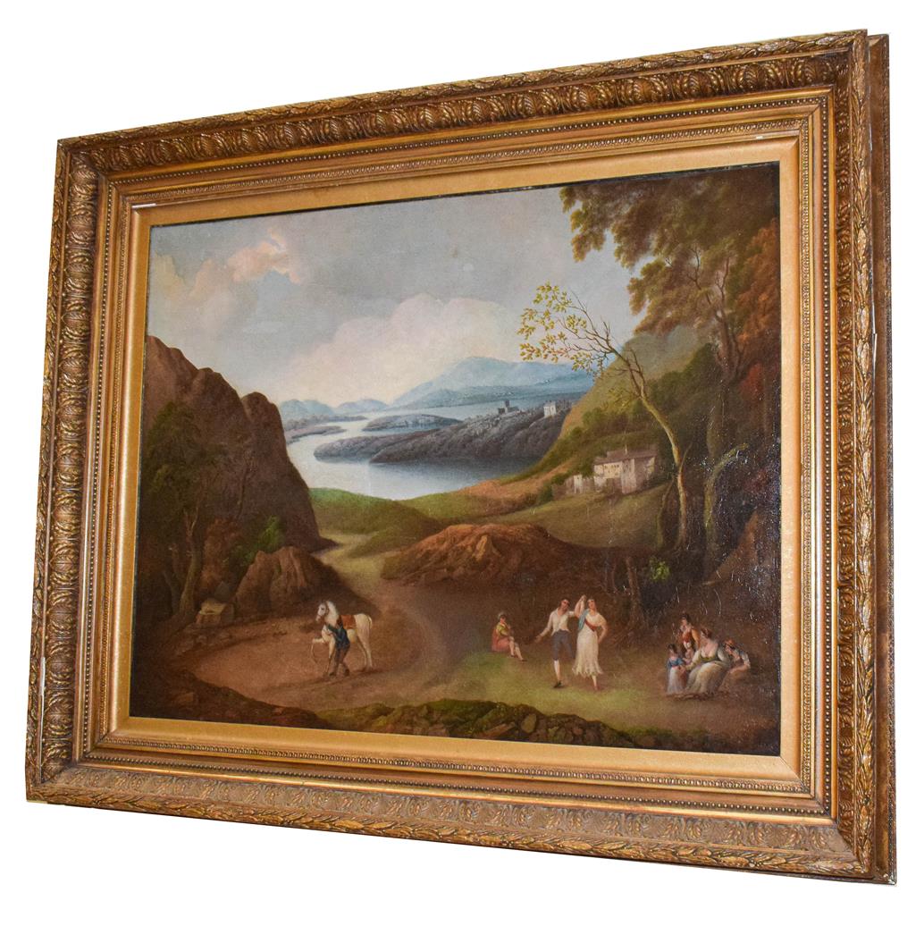 Lot 1050 - Follower of Jacob Philip Hackert (1737-1807) Figures in an extensive lakeland landscape, oil on...