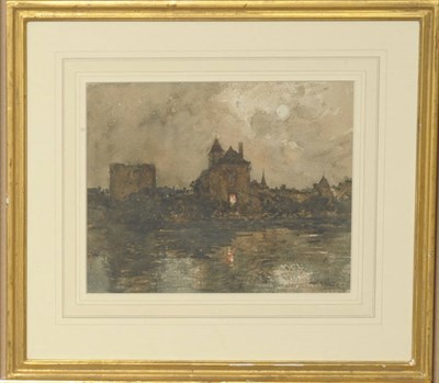 Lot 763 - Paul Emile Lecomte (1877-1950) French Moonlit landscape with buildings beside a river Signed,...