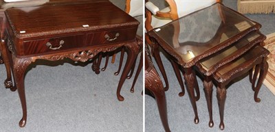Lot 1081 - A reproduction mahogany two drawer side table 98cm by 50cm by 77cm together with a matching set...